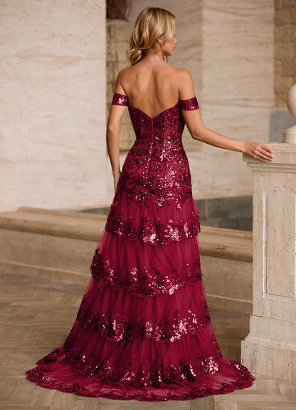 Jenna Red Ruffled Glitter Mermaid Prom Dress  Dress