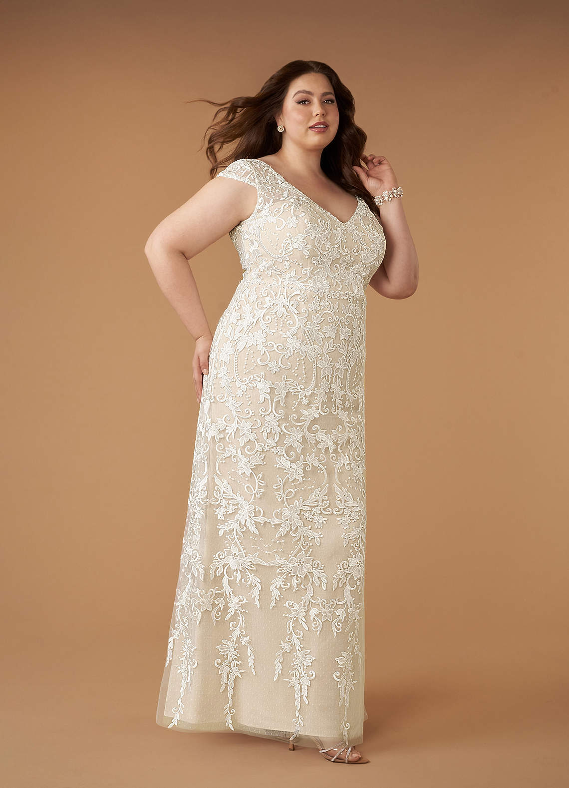 Diamond White Champagne Sheath V-Neck Sequins Lace Dress