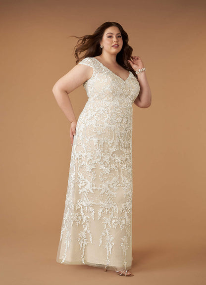 Diamond White Champagne Sheath V-Neck Sequins Lace Dress