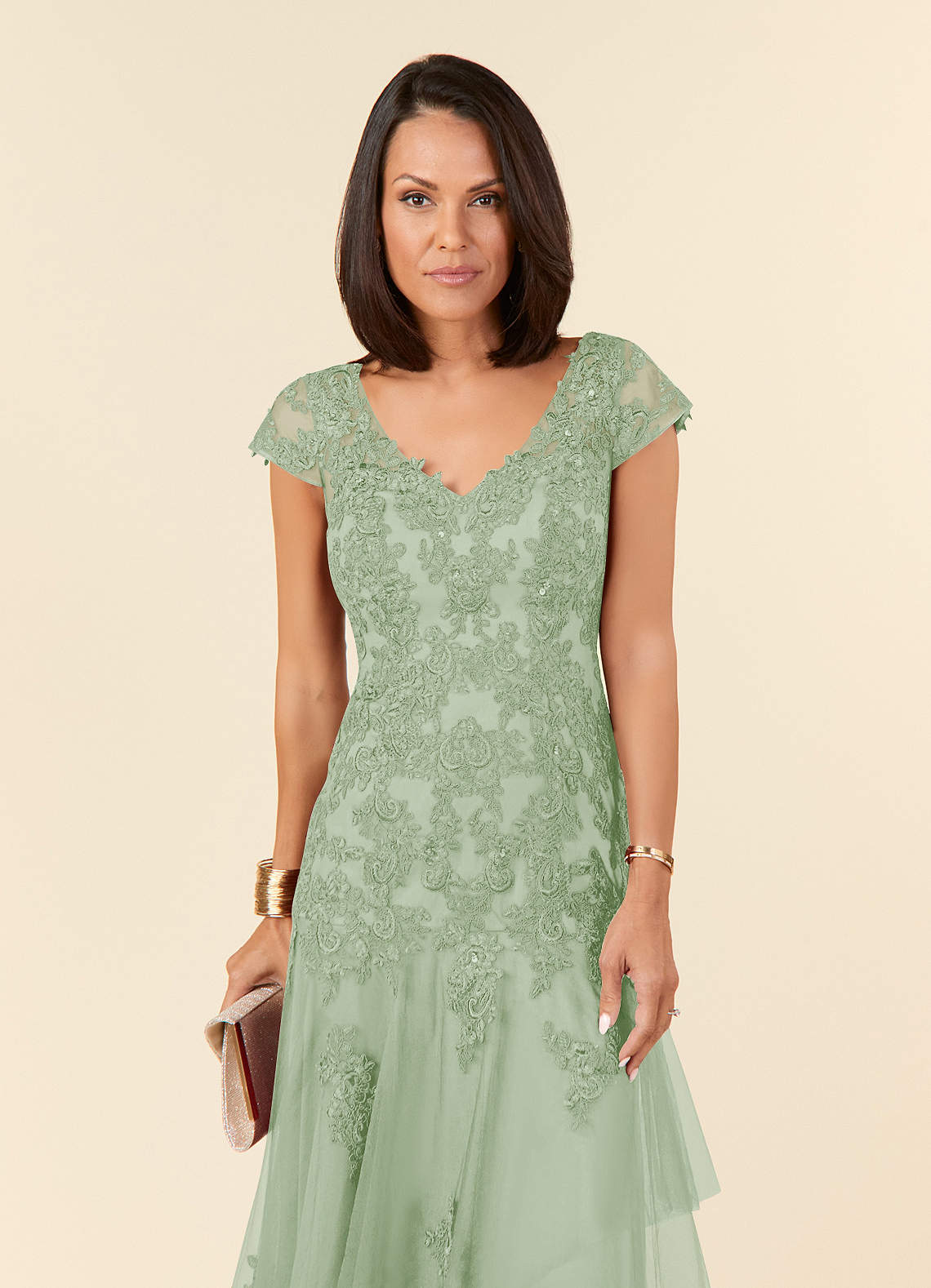 Dusty Sage Mermaid V-Neck Sequins Tulle Dress