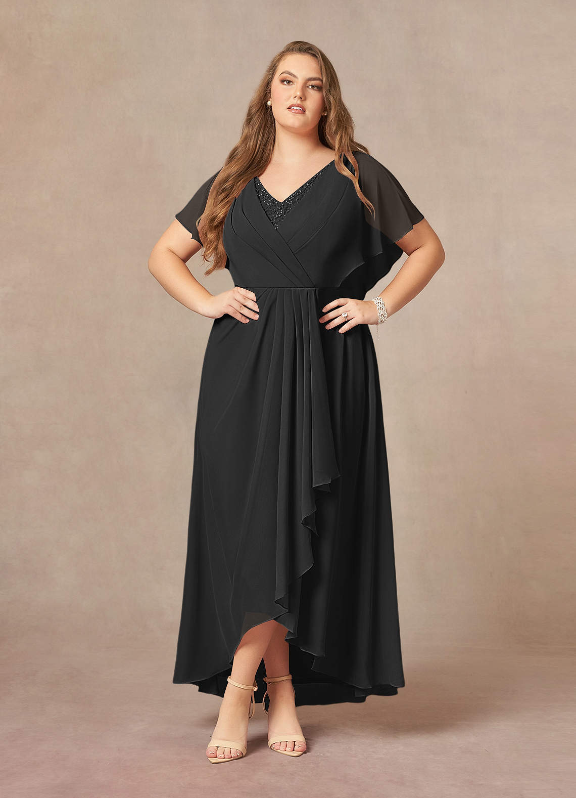 Black A-Line V-Neck Pleated Chiffon Dress