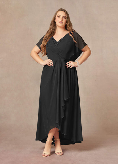 Black A-Line V-Neck Pleated Chiffon Dress