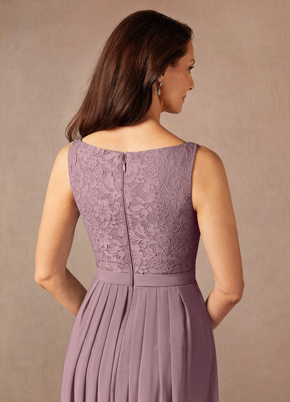 Dusty Rose A-Line Square Neckline Lace Chiffon Dress