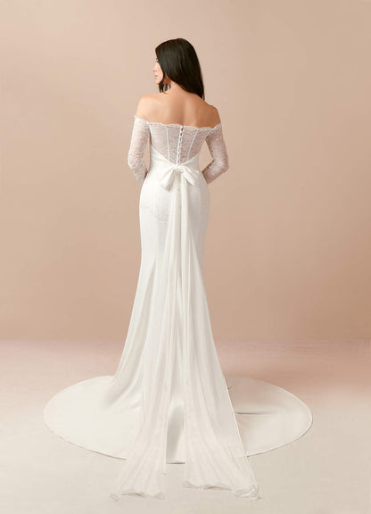 Diamond White Mermaid Off the Shoulder Stretch Crepe Dress