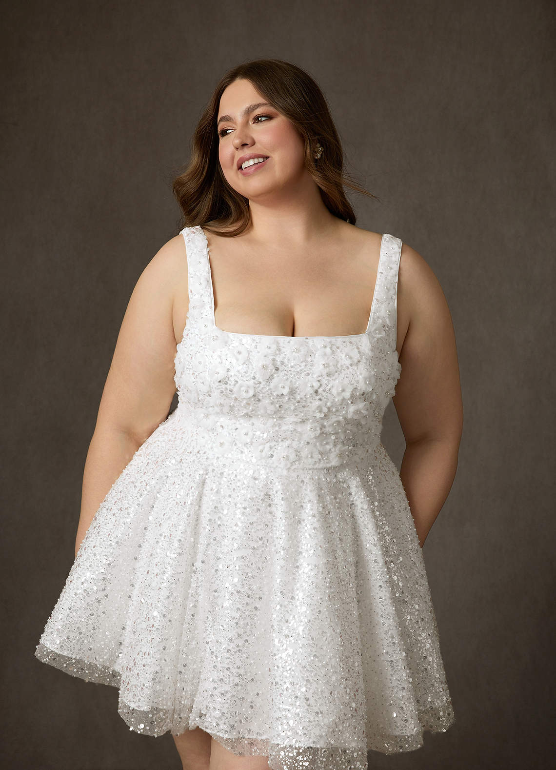 Diamond White A-Line with Pockets Beading Dress