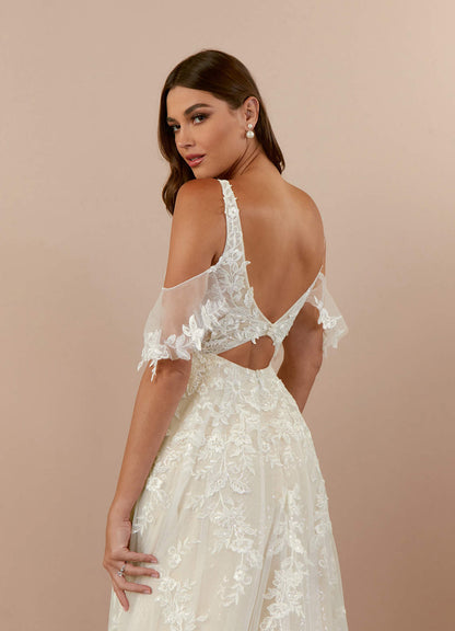 Diamond White Champagne A-Line V-Neck lace Tulle Dress