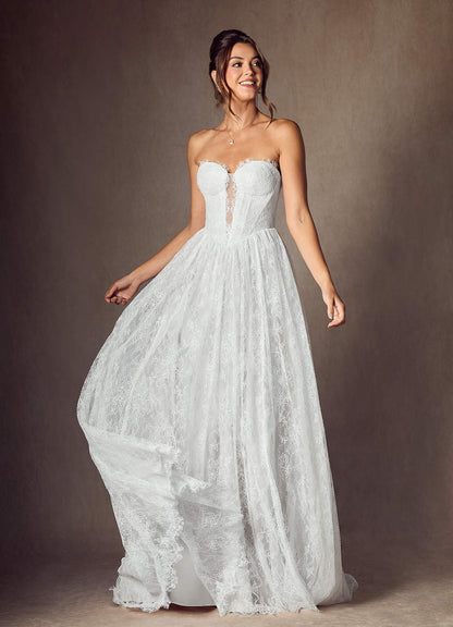 Diamond White A-Line Strapless Lace Dress