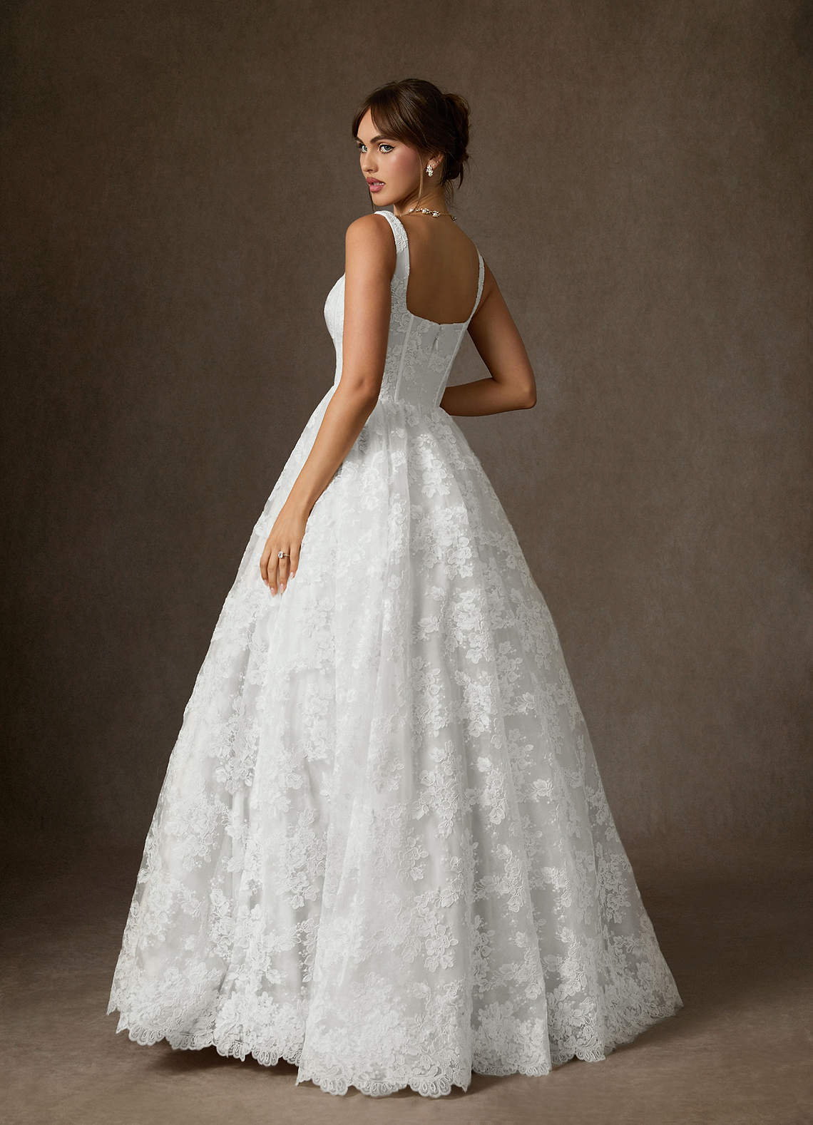 Diamond White Ball-Gown Square Neckline Lace Dress