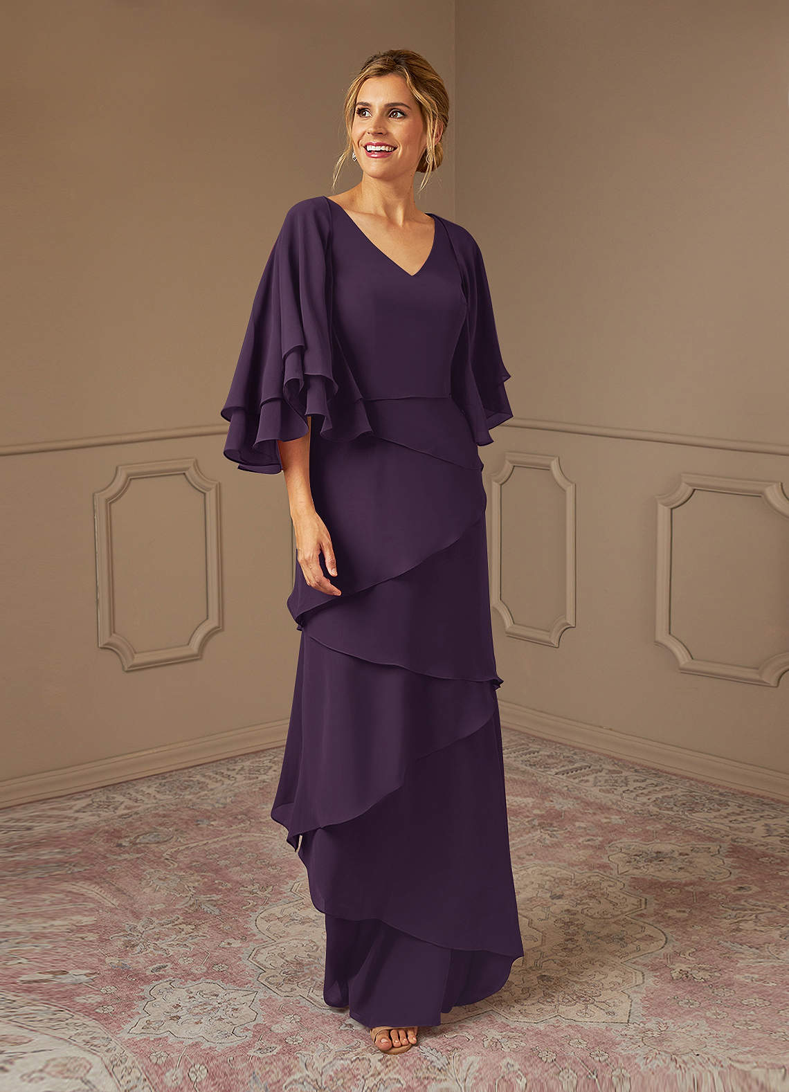 Plum A-Line V-Neck Chiffon Dress
