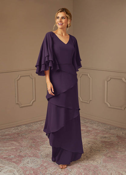 Plum A-Line V-Neck Chiffon Dress
