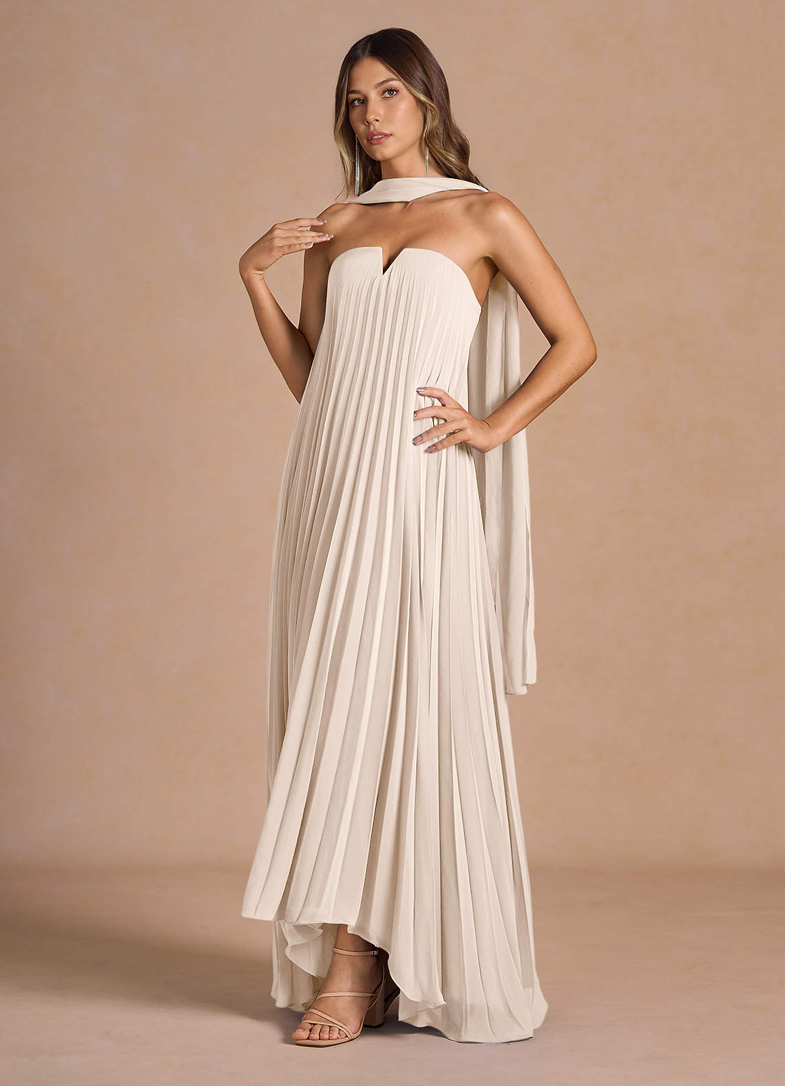 Nahla Cream Allover Pleated Maxi Dress  Dress