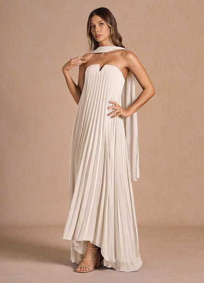 Nahla Cream Allover Pleated Maxi Dress  Dress