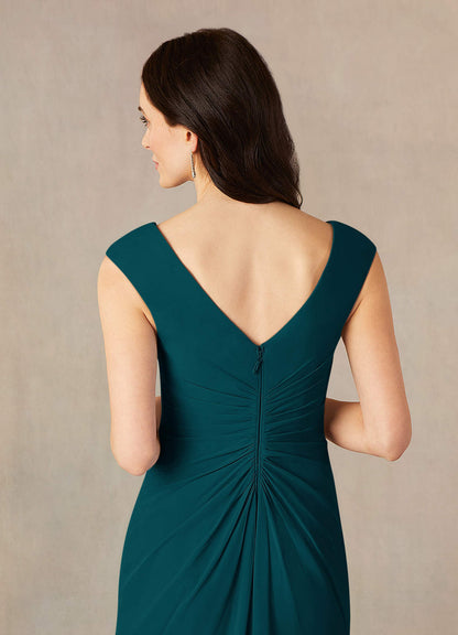 Pine A-Line V-Neck Pleated Chiffon Dress