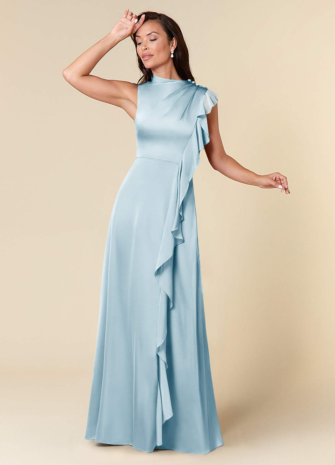Sky Blue A-Line High Neckline Pleated Stretch Satin Dress