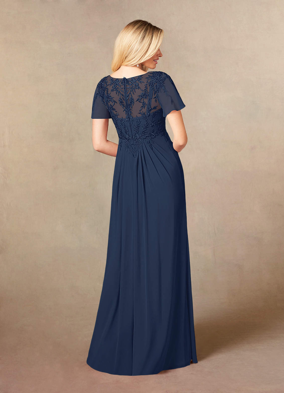 Dark Navy A-Line V-Neck Lace Chiffon Dress