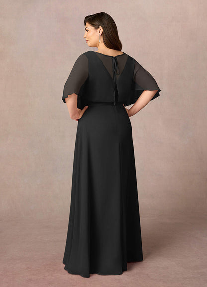 Black A-Line V-Neck Pleated Chiffon Dress