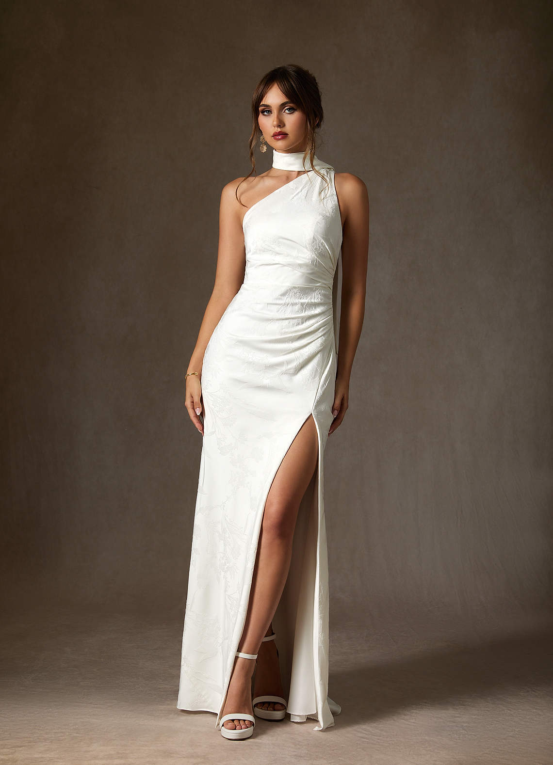 Diamond White Sheath One Shoulder Floral Jacquard Dress