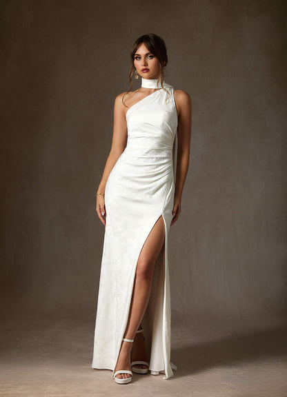 Diamond White Sheath One Shoulder Floral Jacquard Dress