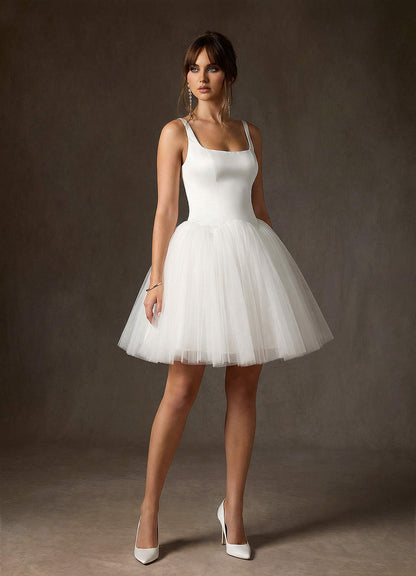 Diamond White A-Line Square Neckline Tulle Dress