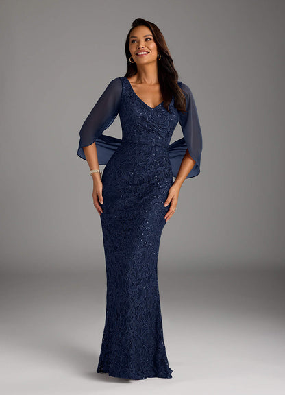 Dark Navy Mermaid V-Neck Sequins Chiffon Dress