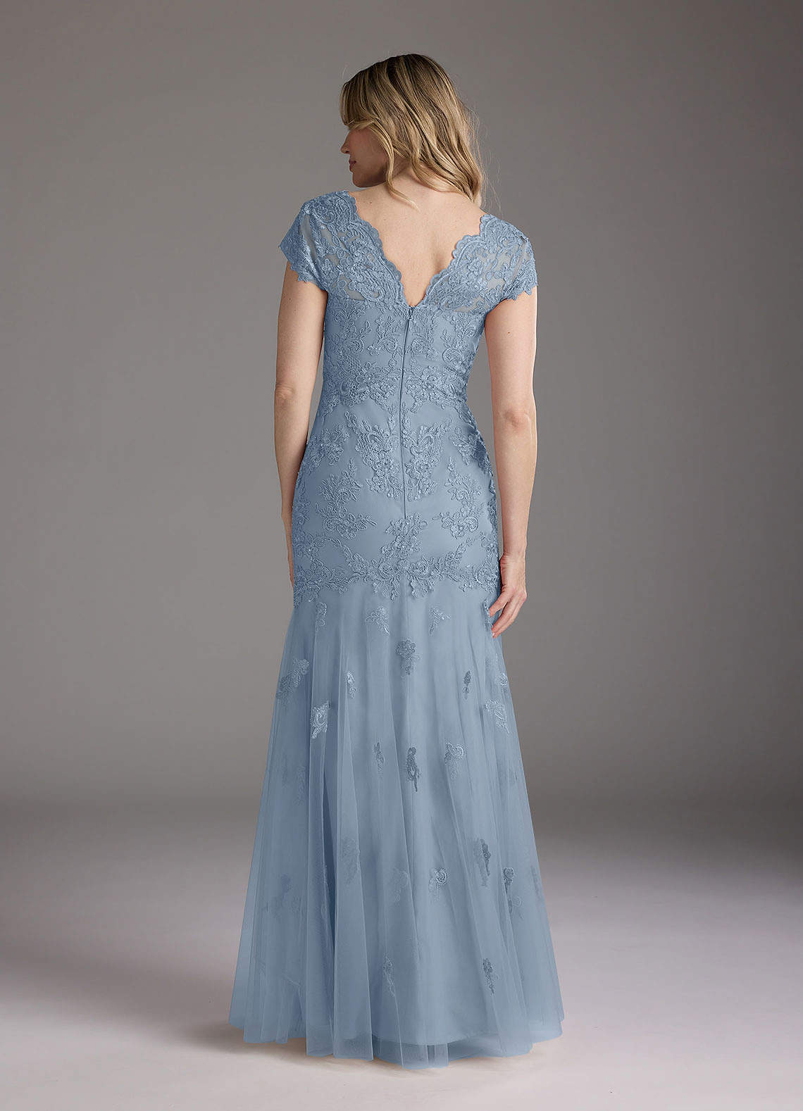 Dusty Blue Mermaid Queen Anne Sequins Lace Dress