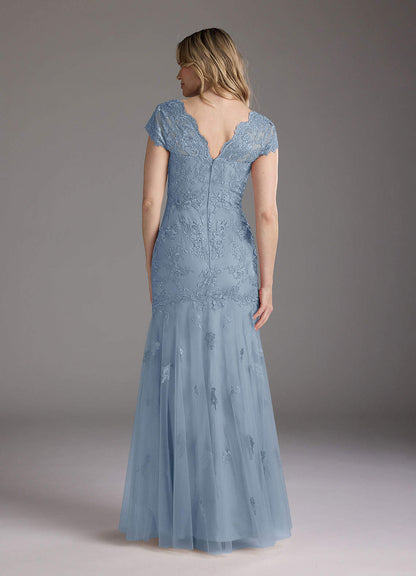 Dusty Blue Mermaid Queen Anne Sequins Lace Dress