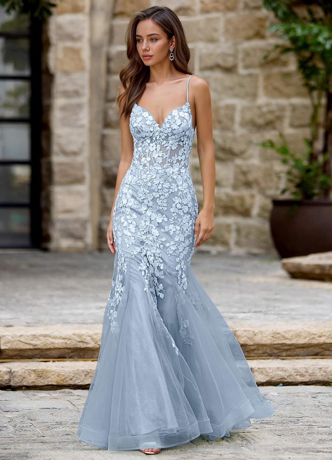 Dentelle Light Blue Mermaid Prom Dress