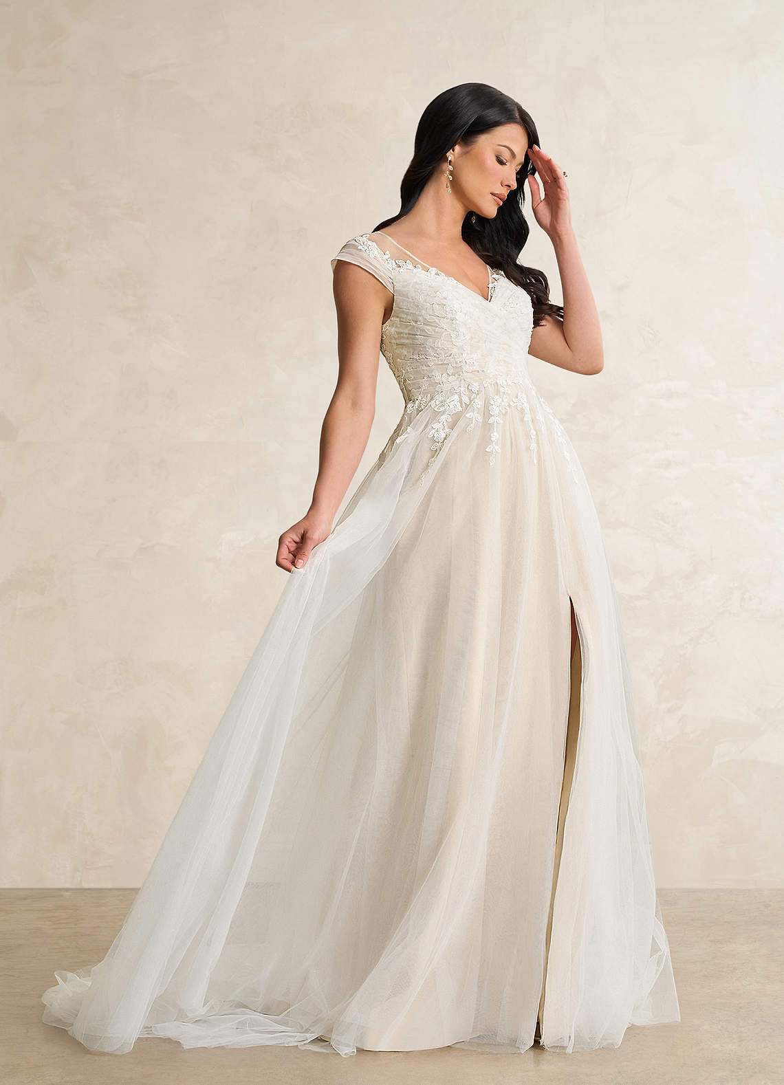 Diamond White Champagne A-Line V-Neck Tulle Dress