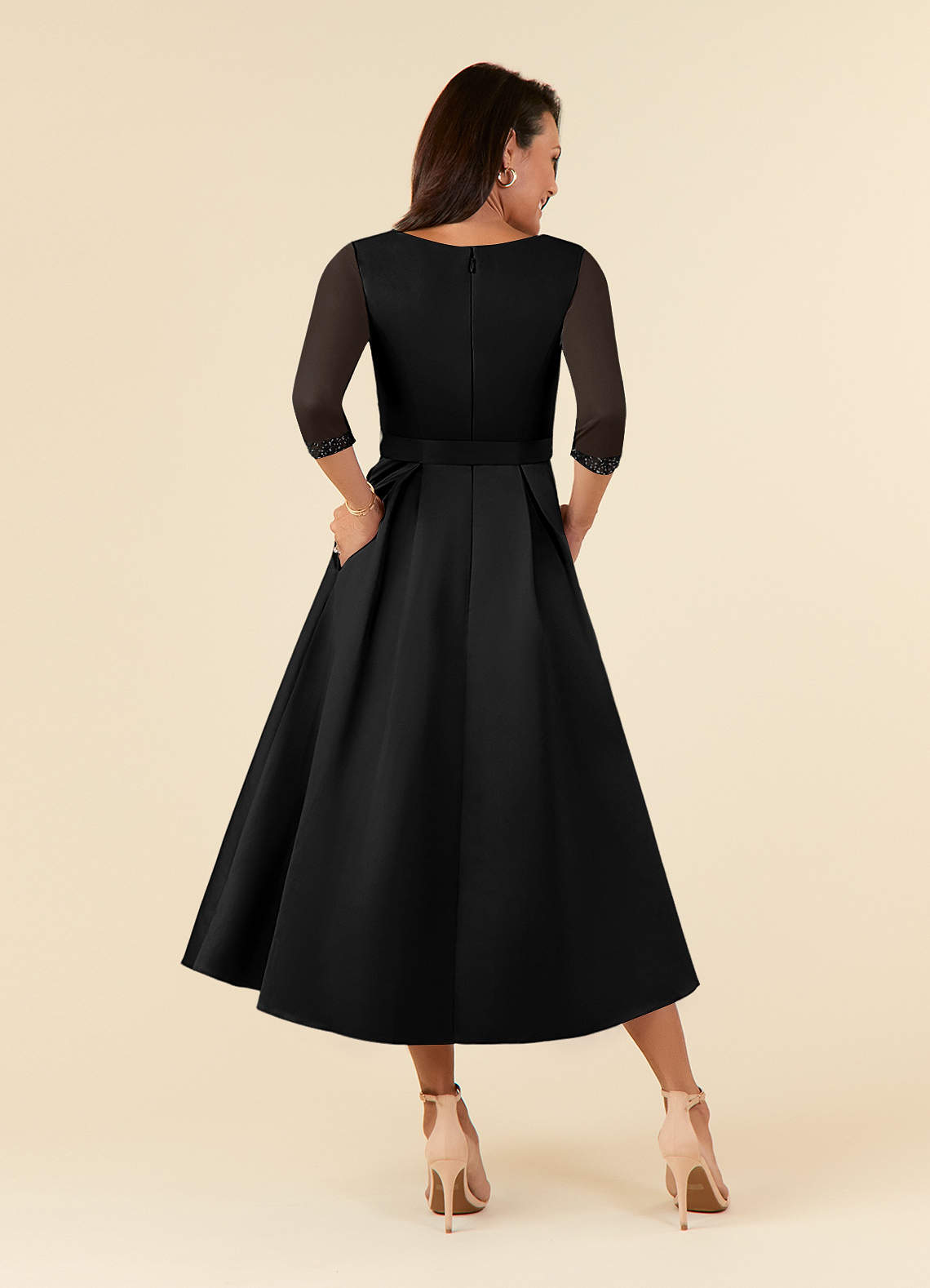 Black A-Line Pleated Matte Satin Dress