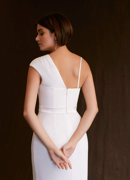 Diamond White Sheath One Shoulder Stretch Satin Dress
