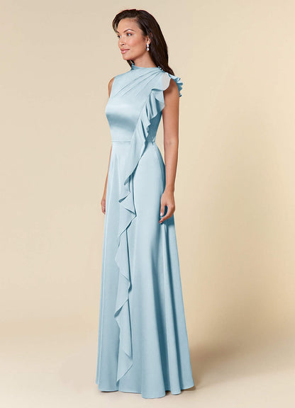 Sky Blue A-Line High Neckline Pleated Stretch Satin Dress