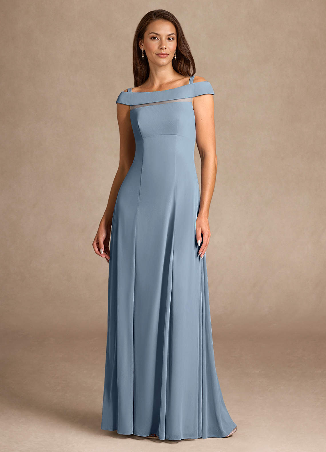 Dusty Blue A-Line Off the Shoulder Mesh Dress