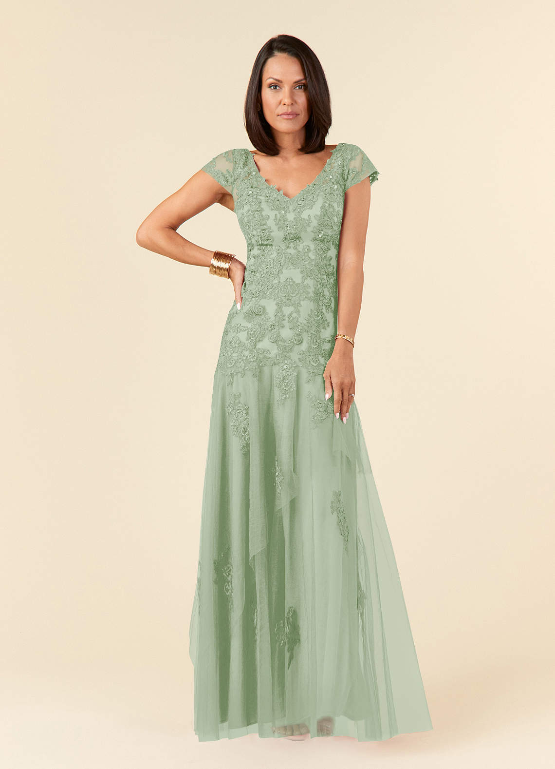 Dusty Sage Mermaid V-Neck Sequins Tulle Dress