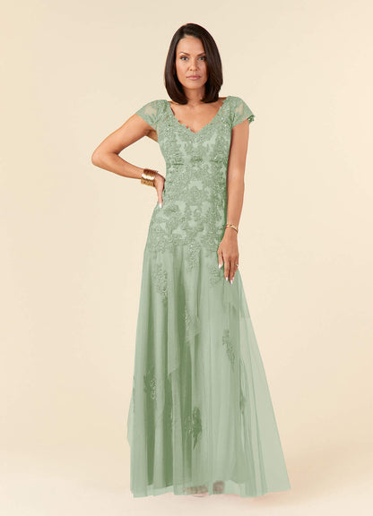 Dusty Sage Mermaid V-Neck Sequins Tulle Dress