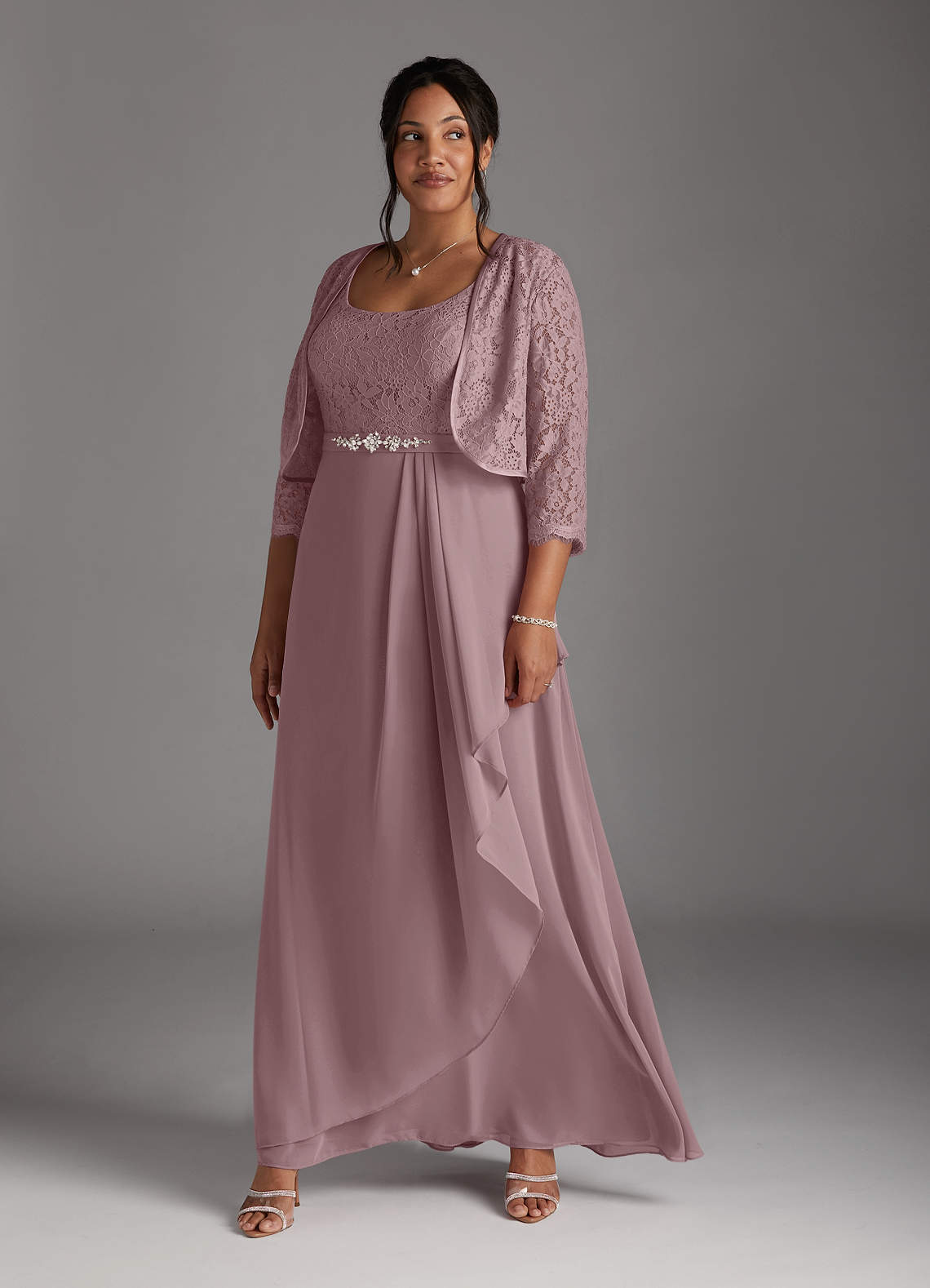 Dusty Rose A-Line Square Neckline Lace Chiffon Dress