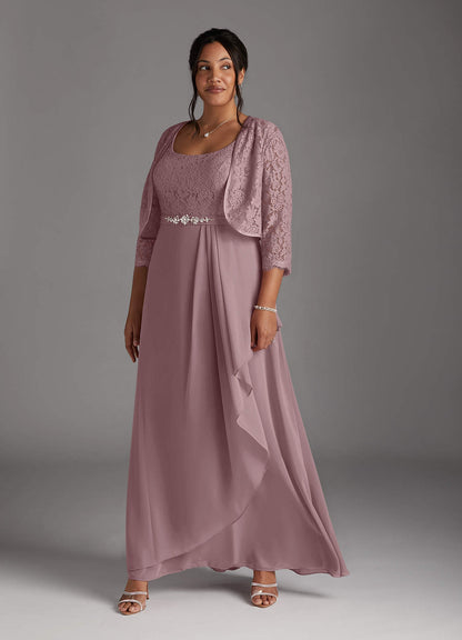 Dusty Rose A-Line Square Neckline Lace Chiffon Dress