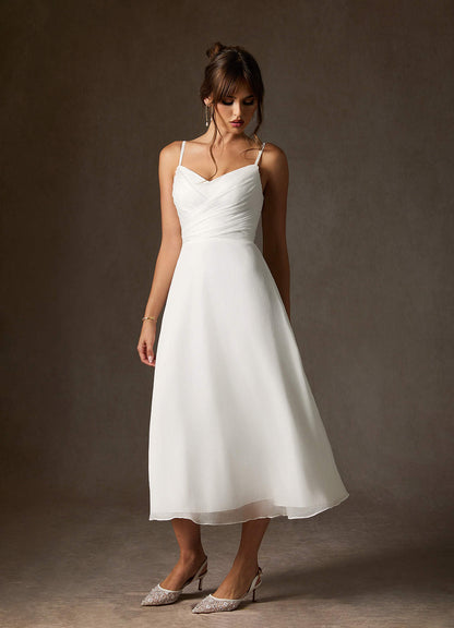 Diamond White A-Line V-Neck Pleated Crinkle Chiffon Dress