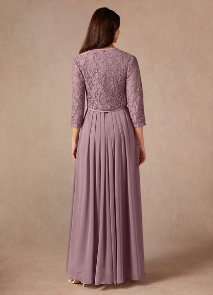 Dusty Rose A-Line Square Neckline Lace Chiffon Dress