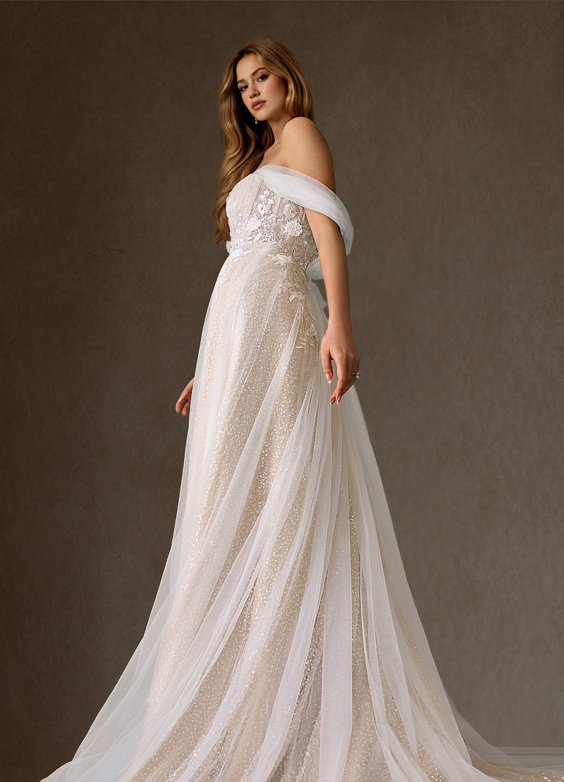 Diamond White Nude A-Line Off the Shoulder Beading Dress