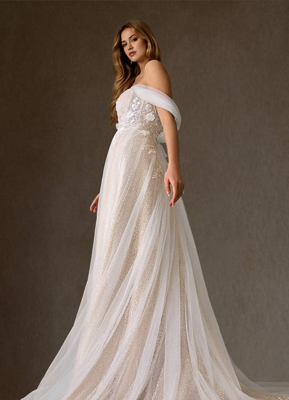 Diamond White Nude A-Line Off the Shoulder Beading Dress