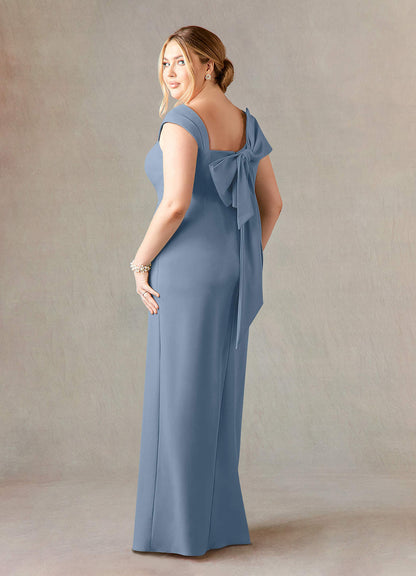 Dusty Blue Sheath Side Slit Stretch Crepe Dress
