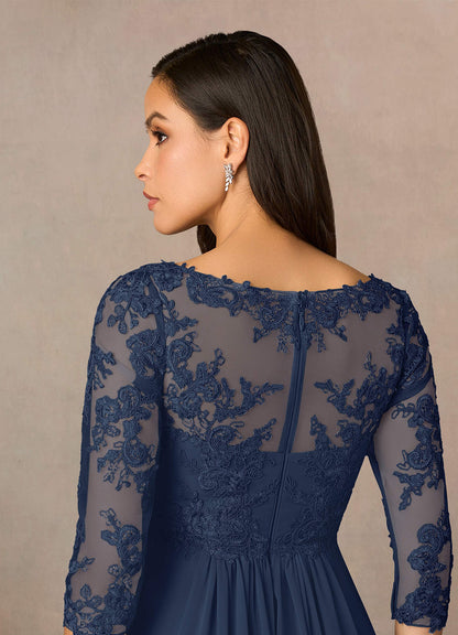 Dark Navy A-Line V-Neck Lace Chiffon Dress