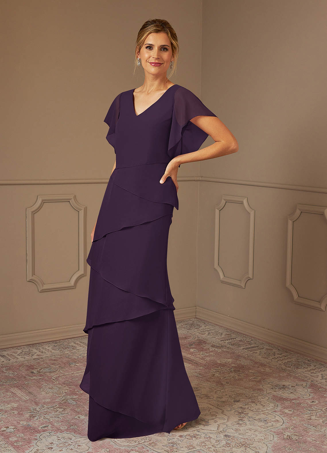 Plum A-Line V-Neck Chiffon Dress