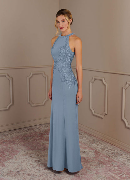 Dusty Blue Mermaid Halter Lace Stretch Crepe Dress