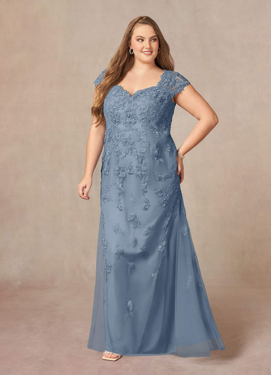 Dusty Blue Mermaid Queen Anne Sequins Lace Dress