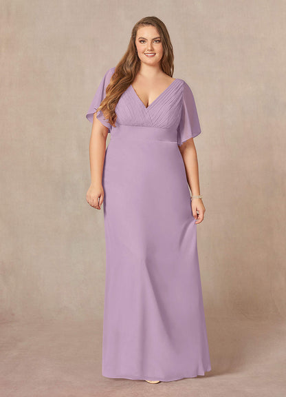 Wisteria A-Line V-Neck Pleated Chiffon Dress