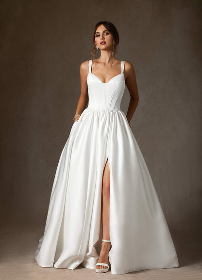 Diamond White Ball-Gown with Pockets Double Faced Satin Dress