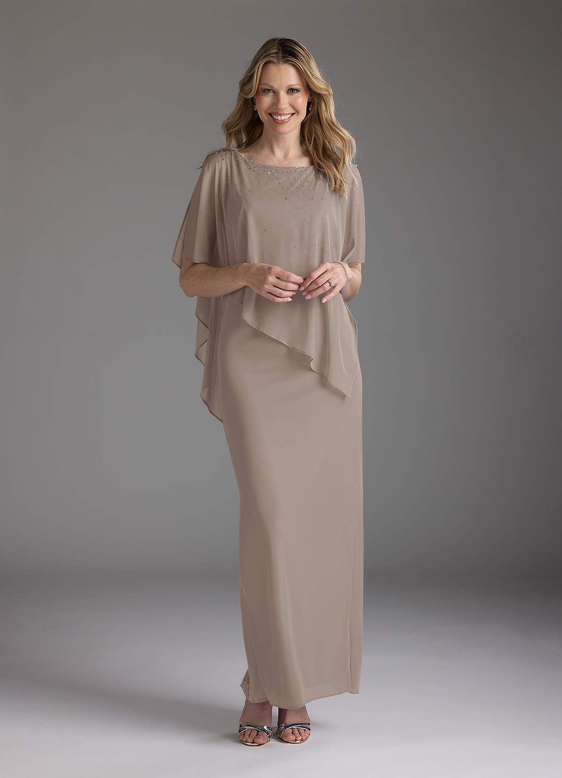 Taupe Sheath Beaded Mesh Dress