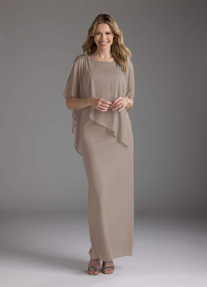 Taupe Sheath Beaded Mesh Dress