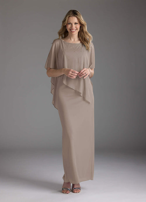Taupe Sheath Beaded Mesh Dress